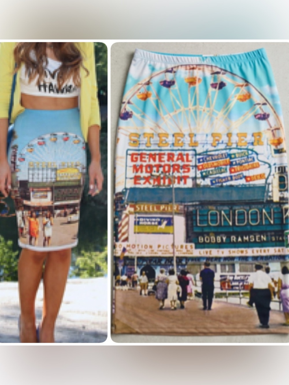 Nu Label Y2K Festival Ready Pencil Skirt  Ferris Wheel Print in Blue‎ and Tan